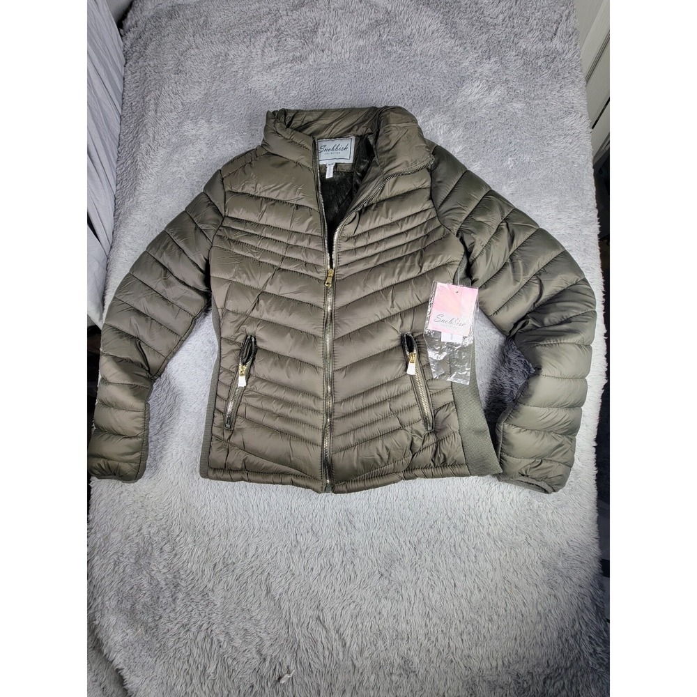 Snobbish Collection, Women Puffer Hooded Jacket Olive Green Zipper Front Size M